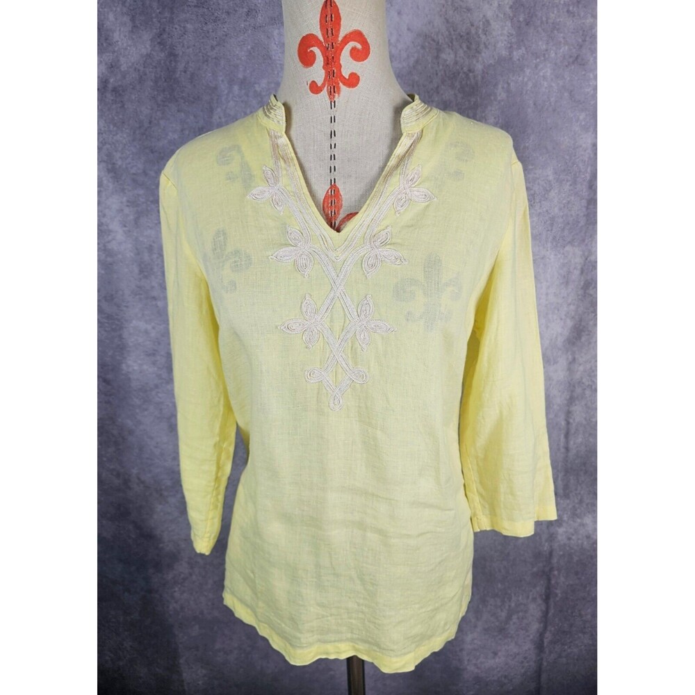 Nurture Womens S Loose 100% Linen Tunic Blouse Top 3/4 Slv Embroidery Yellow EUC